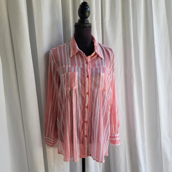 Cynthia Rowley Tunic Top Women's Coral Pink White Button Down Roll Tab Sleeve XL - Picture 1 of 9